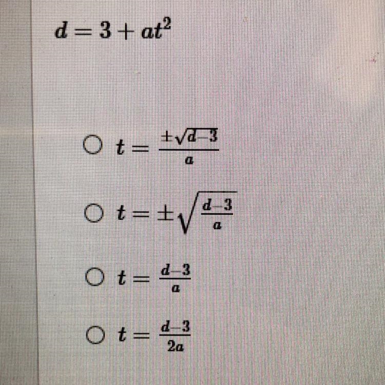 Solve for t. d=3+at^2-example-1