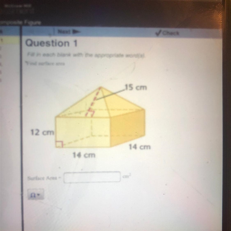 Find the surface area 12cm 15cm 14cm 14cm-example-1