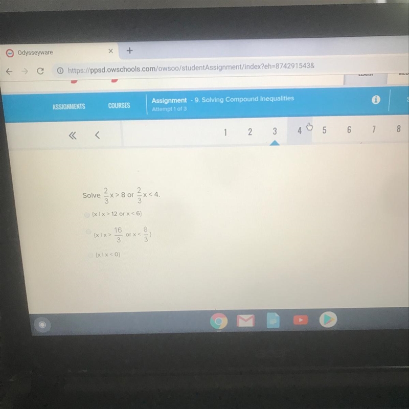 Solve 2/3 x > 8 or 2/3 x <4-example-1