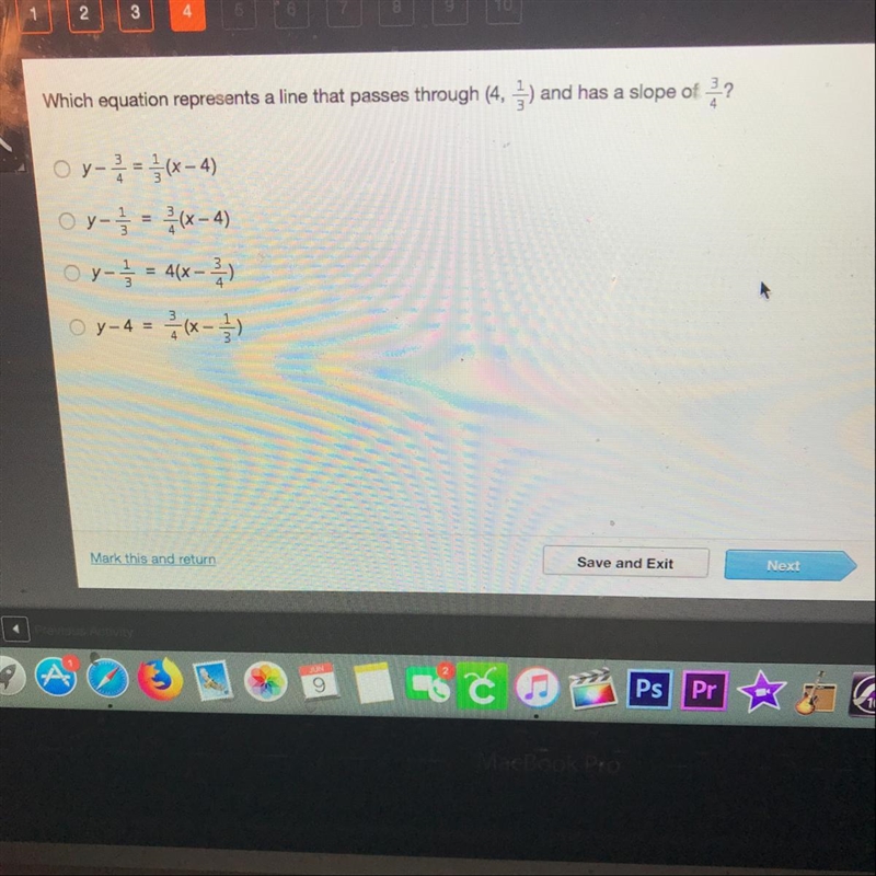 Which equation represents a line that passes through (4,3/4) and has a slope of 3/4-example-1