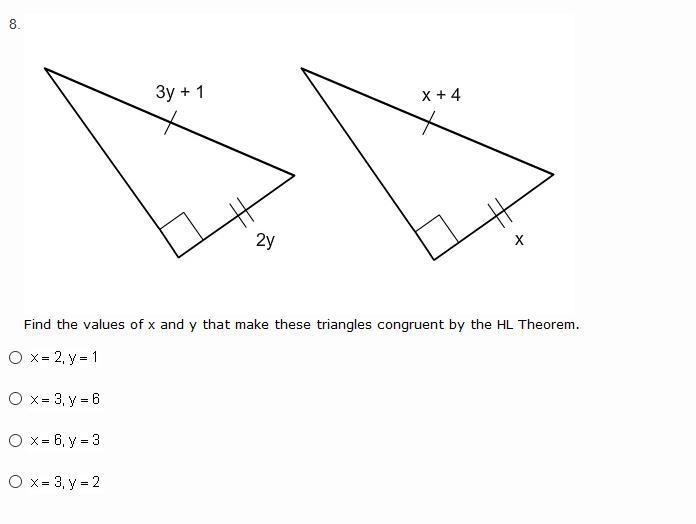 Find the values of x and y that make these triangles congruent by the HL Theorem.-example-1