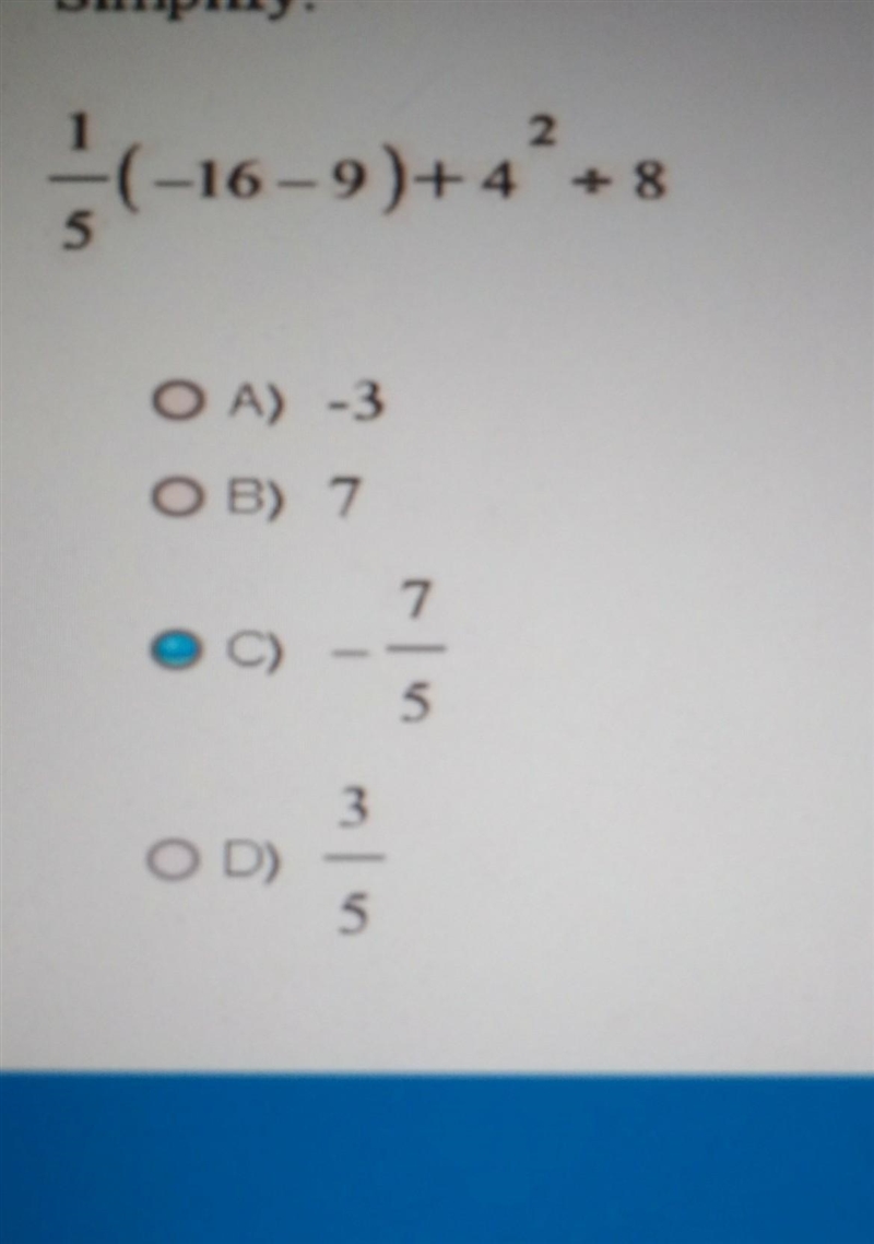 Simplify: 1/5(-16-9) + 4^2 ÷8​-example-1