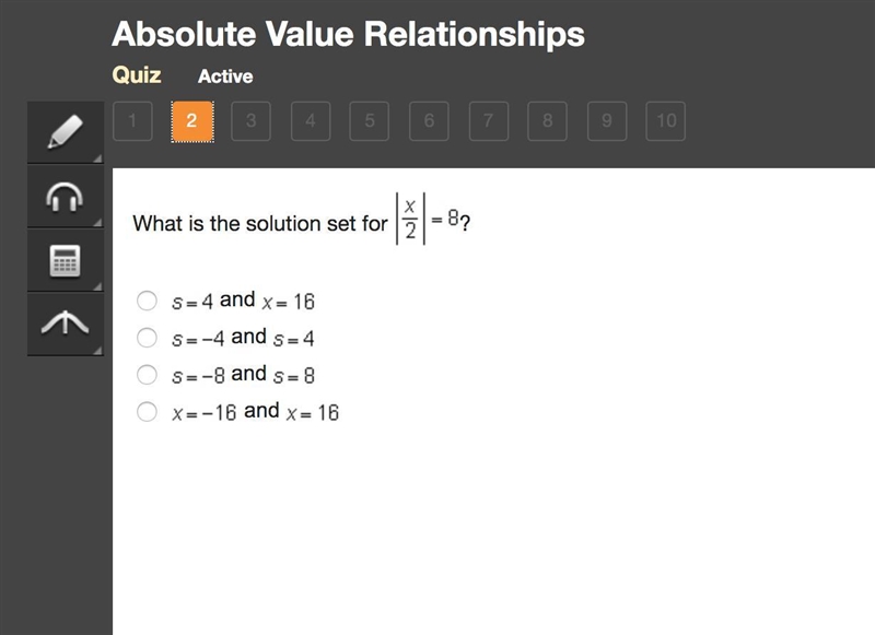 What is the solution set for |x/2|=8-example-1