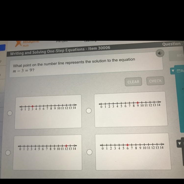 What point on the number line represents the solution to the equation m-3=9?-example-1