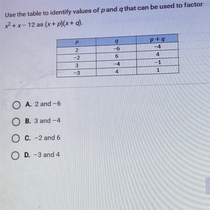 Use the table to identify values of pand a that can be used to factor x2 + x - 12 as-example-1