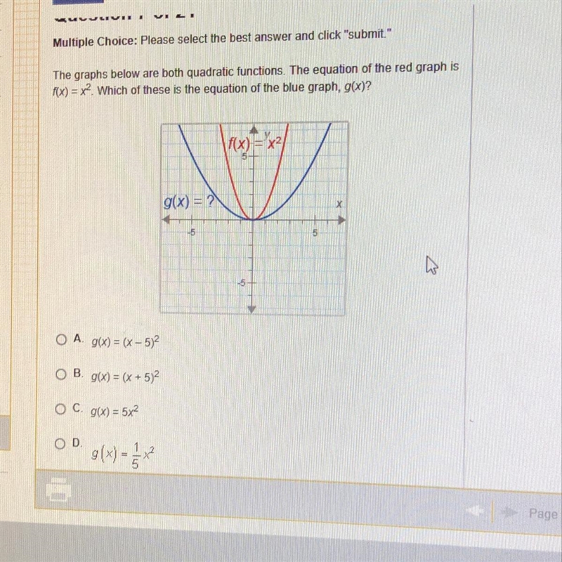 The graphs below are both quadratic functions. The equation of the red graph is x-example-1