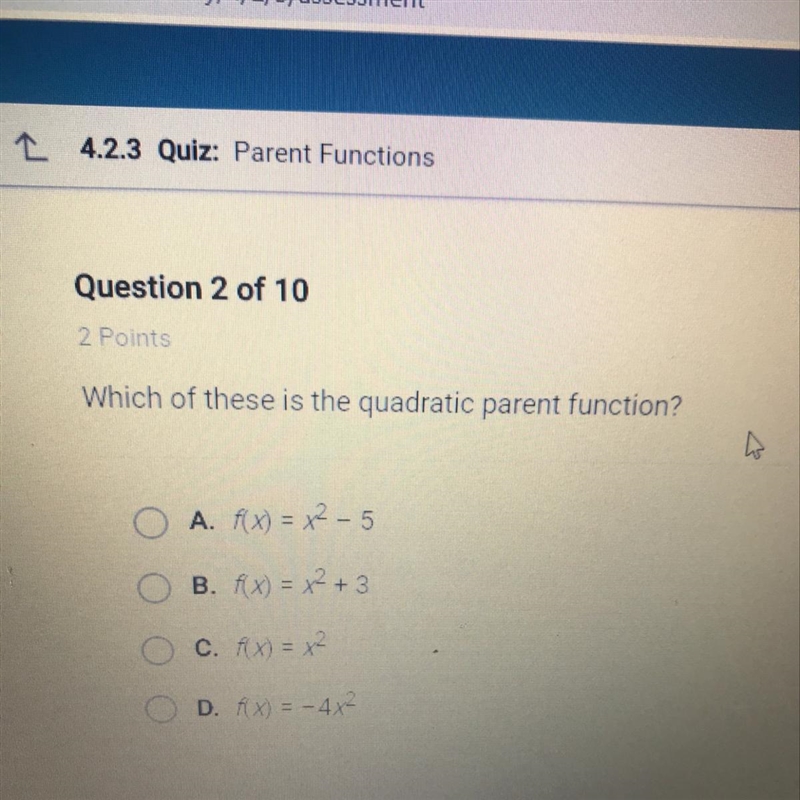 Which of these is the quadratic parent function?-example-1