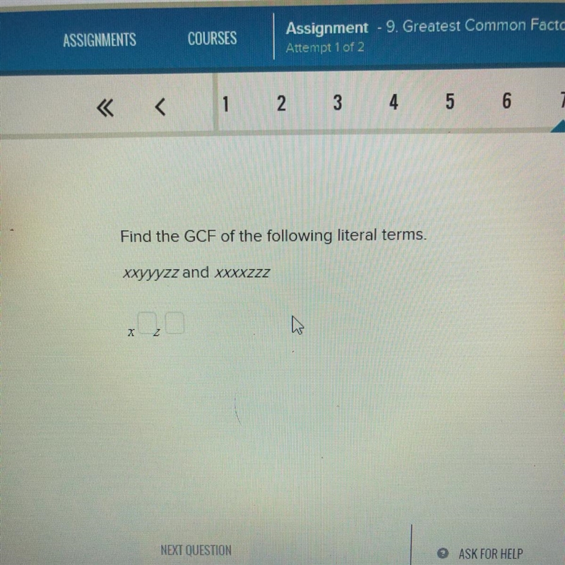 Find the GCF of the following literal terms xxyyyzz and xxxxzzz-example-1