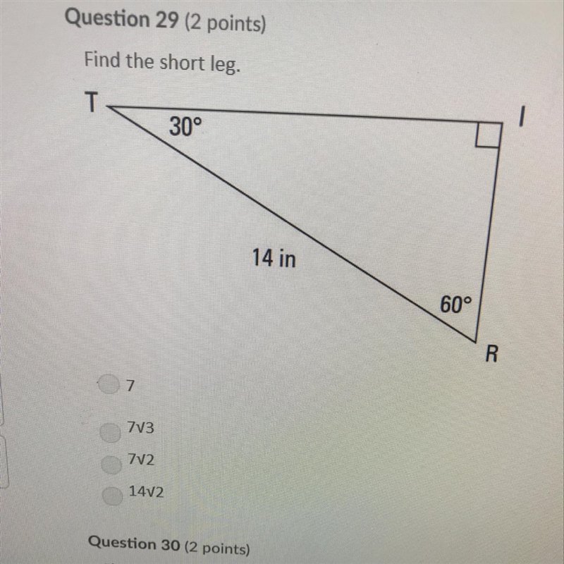 Question 29 Find the short leg Plz help-example-1