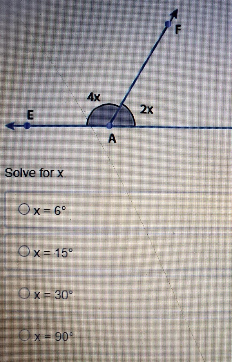 Solve for X. A. X=6° B. X=15° C. X=30° D. X=90°​-example-1