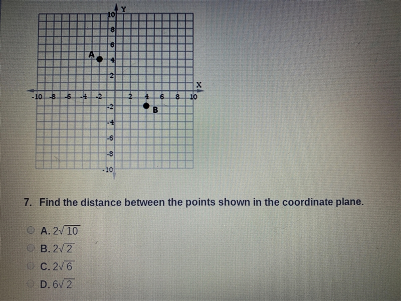 Find the distance between the points shown in the coordinate plane. A. 2/10 B. 2/2 C-example-1