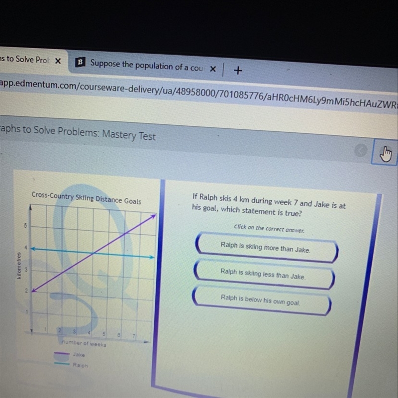 If Ralph skis 4 km during week 7 and jake is at his goal which statements true-example-1