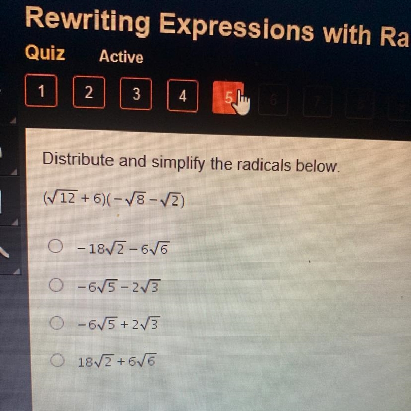 Distribute and simplify (√12 + 6)(- √8 - √2)-example-1