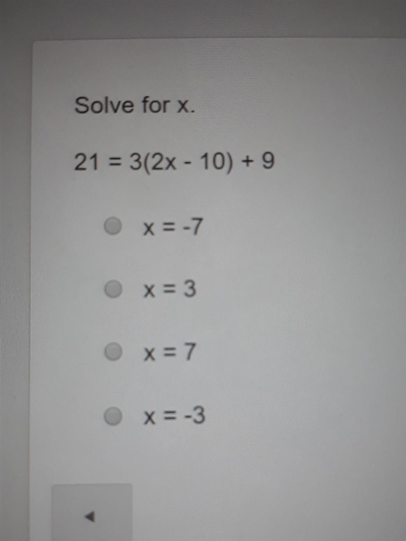 Solve for x 21=3(2x-10)+9​-example-1