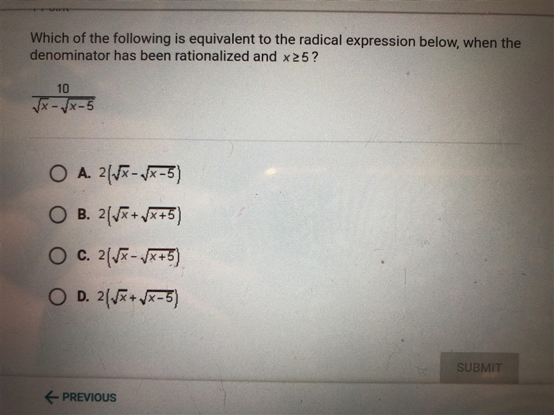 Which of the following is equivalent to the radical expression below, when the denominator-example-1