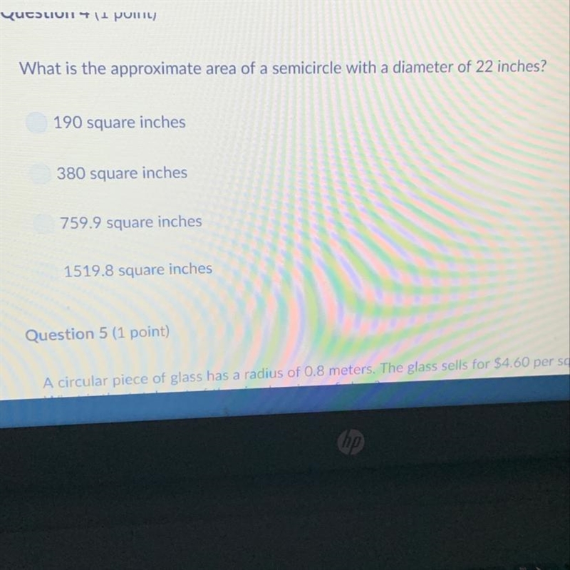 What is the approximate area of a semicircle with diameter of 22 inches-example-1