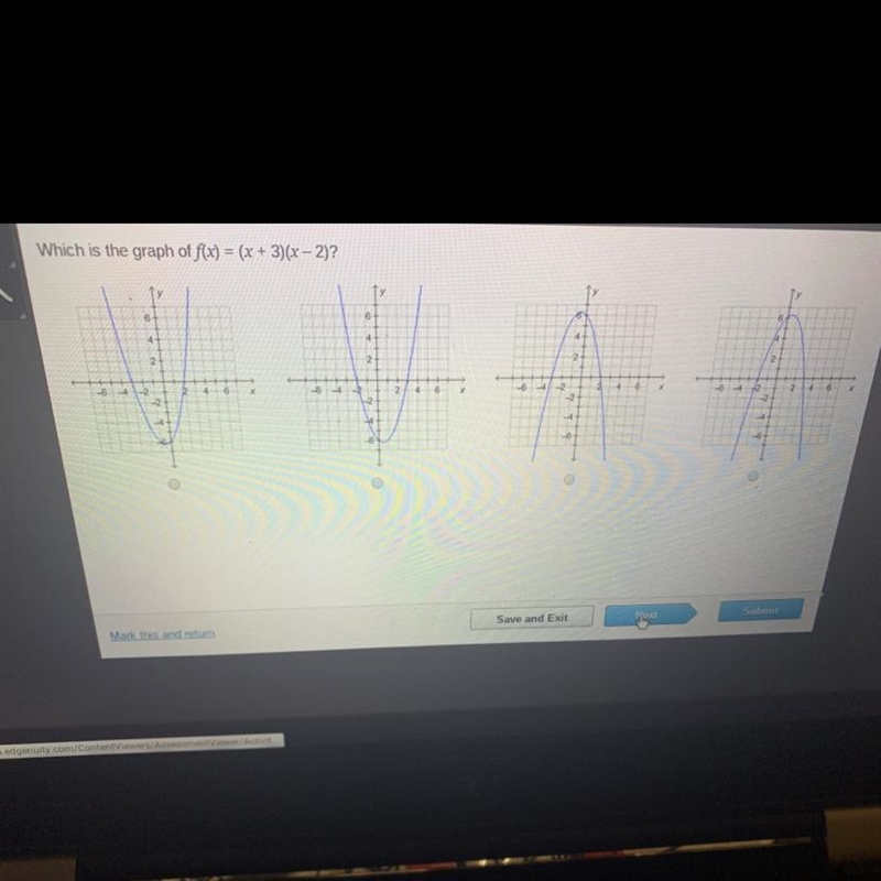 Which is the graph of f(x) = (x + 3)(x - 2)?-example-1