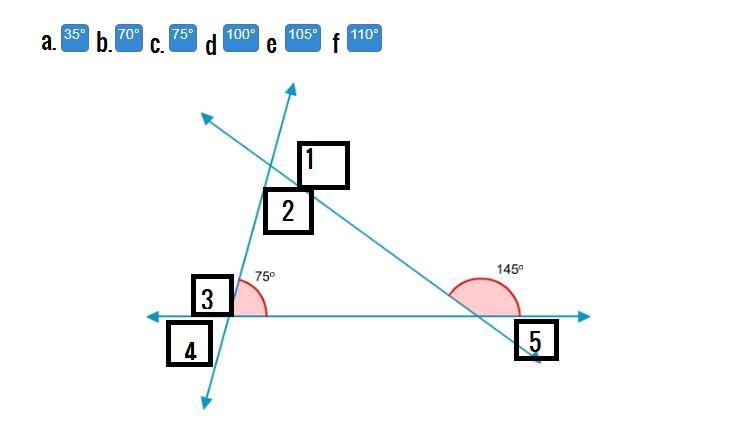 Determine the measures of the angles. 25 points! A 35 B 70 C 75 D 100 E 105 F 110 Match-example-1