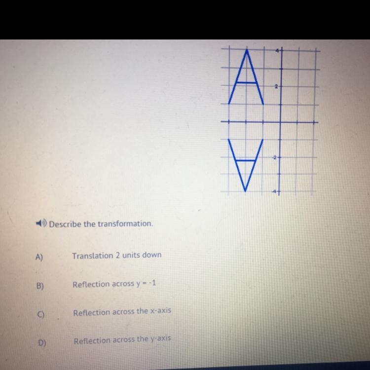 Describe the transformation. (picture included) A) Translation 2 units down B) Reflection-example-1