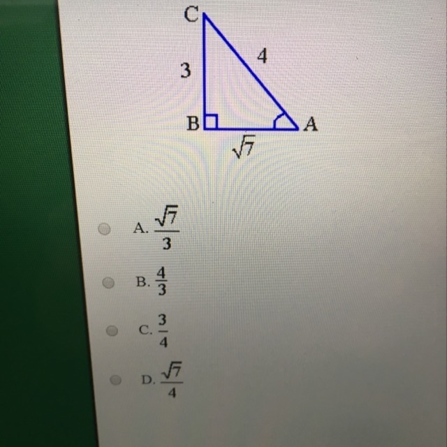 Triangle ABC is a right triangle. Find the cosine of angle A.-example-1