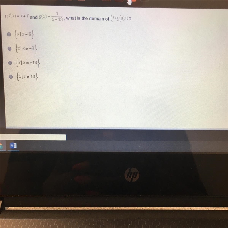 If f(x) = x+7 and g(x) = x=13, what is the domain of (fºg)(x)?-example-1