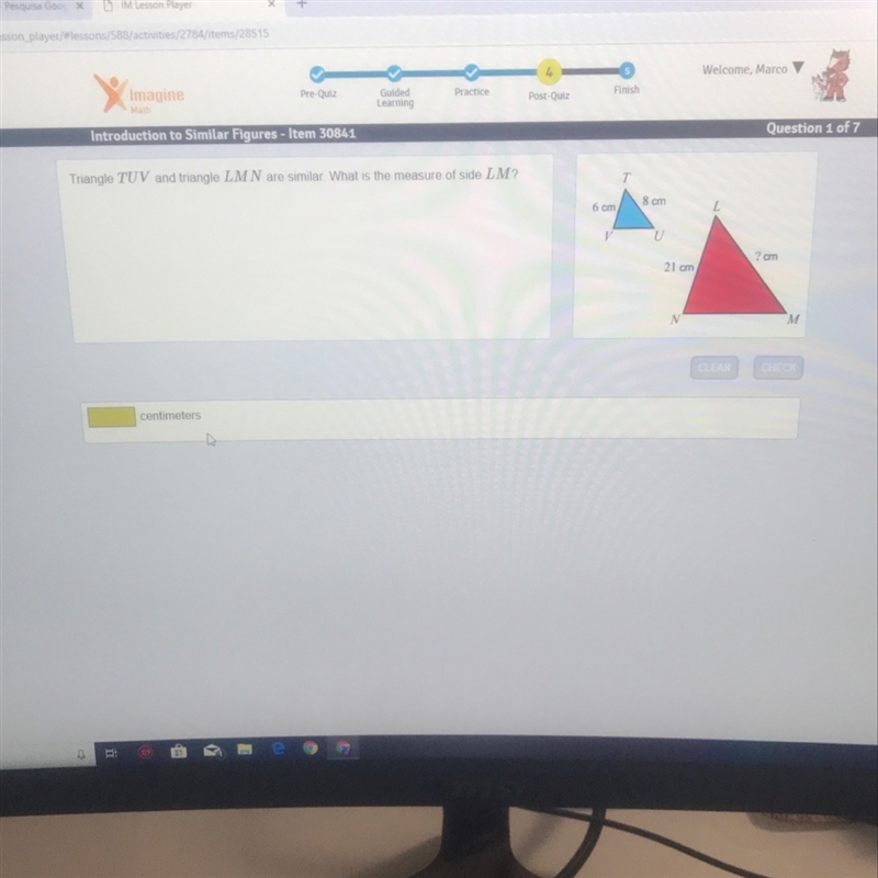 Triangle TUV and triangle LMN are similar what is the measure of side LM-example-1