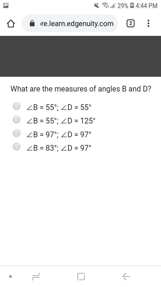 Figure abcd is parallelogram. What are measures of B and D?-example-2