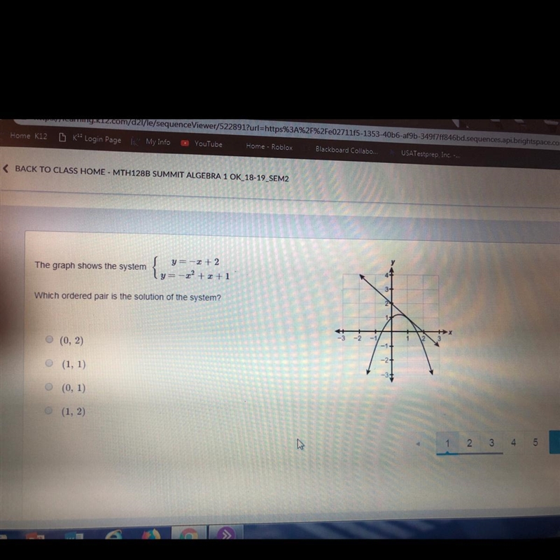 Plz help !!! The graph shows the system y=-x+2 and y=-x^2+x+1-example-1