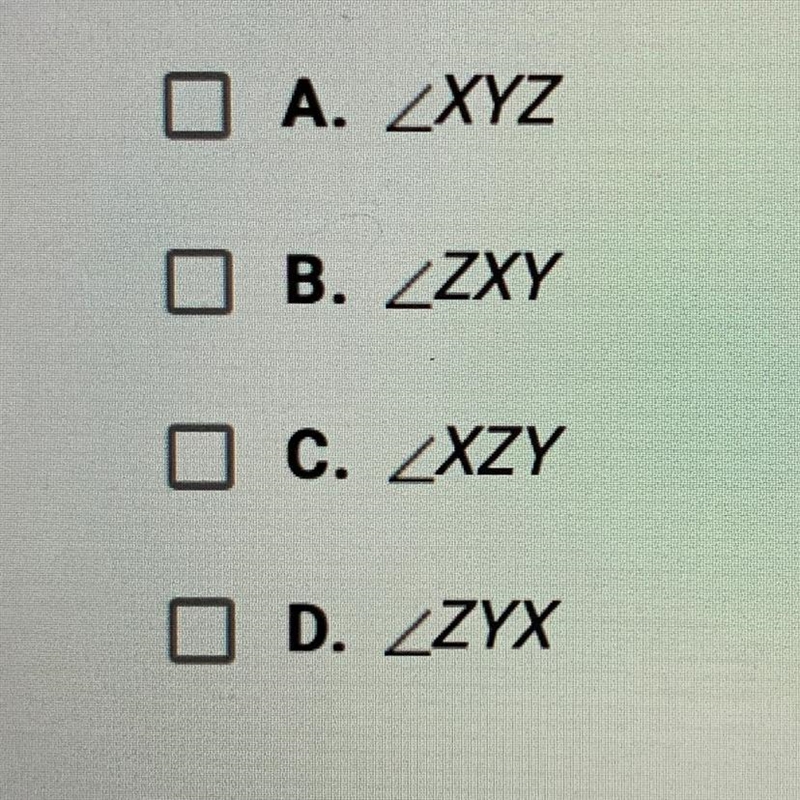 Which of the following describe an angle with a vertex at Y? Check all that apply-example-1