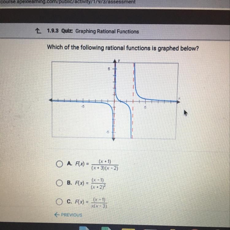 Which of the following rational functions is graphed below? option D. F(x) = (x-1)/ x-example-1