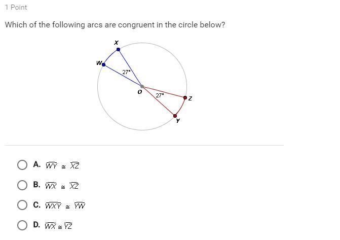 Which of the following arcs are congruent in the circle below?-example-1