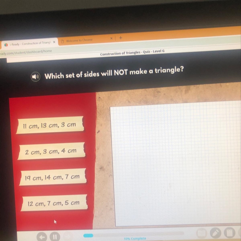 Which set of sides will not make a triangle-example-1