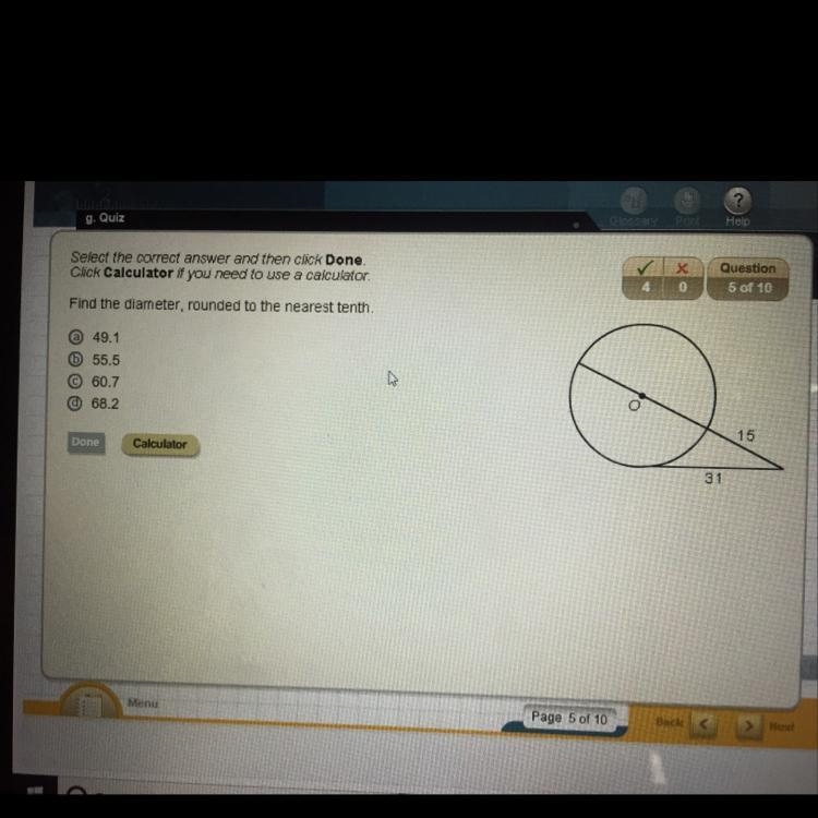 Find the diameter, rounded to the nearest tenth. A. 49.1 b 55.5 E60.7 D 68.2-example-1