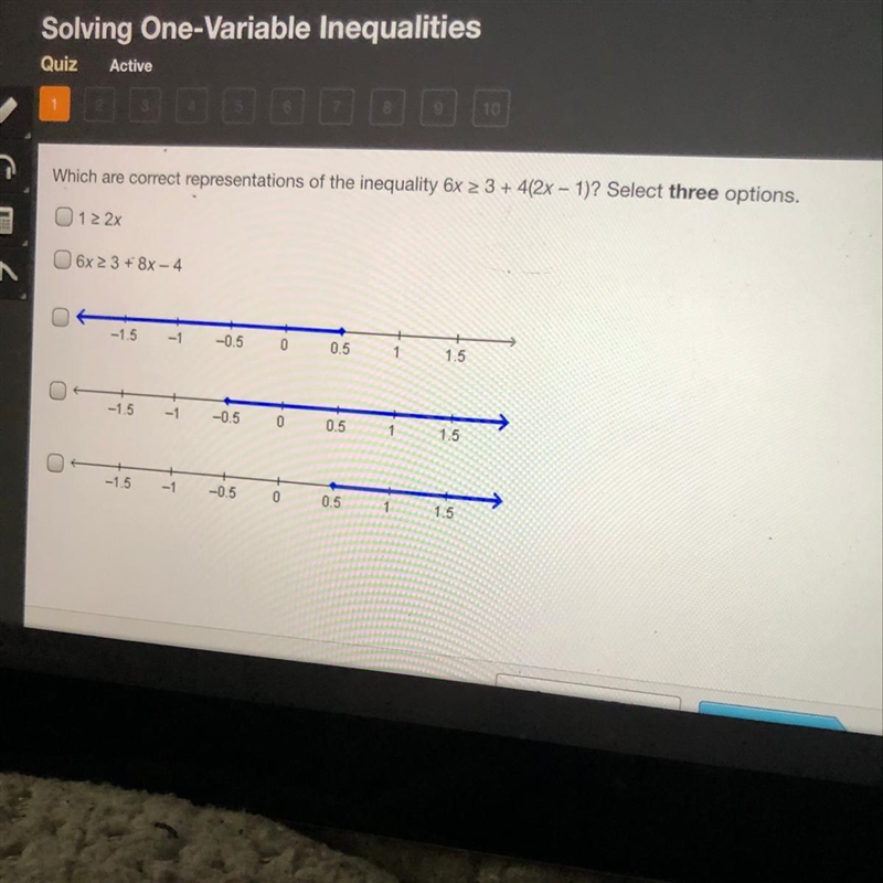 Which are correct representations of the inequality 6x > 3 + 4(2x - 1)? Select-example-1