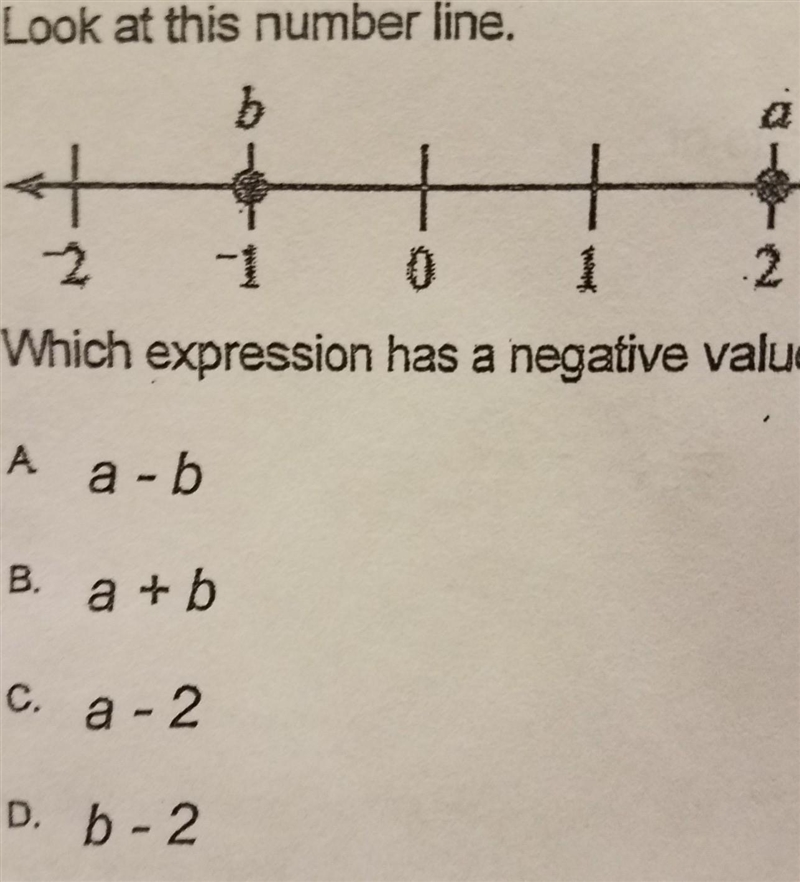 Look at this number line. Which expression has a negative value? A. a-b B. a+b C. a-example-1