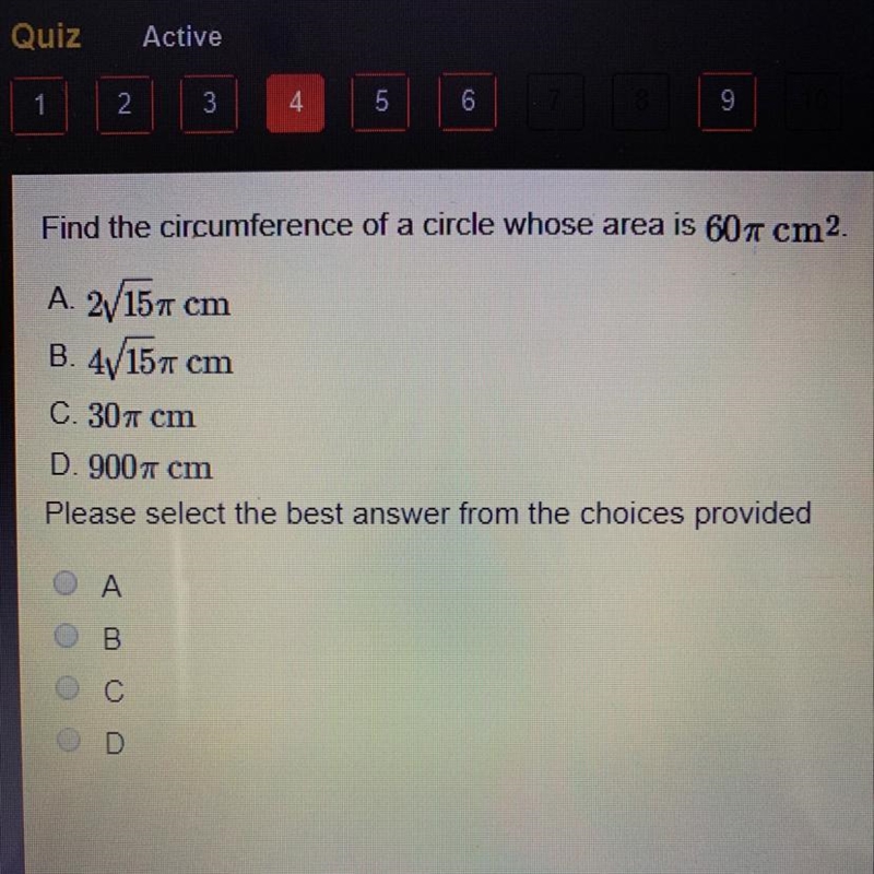 Find the circumference of a circle whose area is 60-example-1