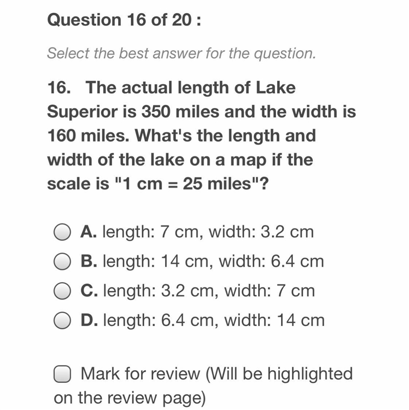 What’s the length and width of the lake on a map if the scale is “1cm=25miles”-example-1