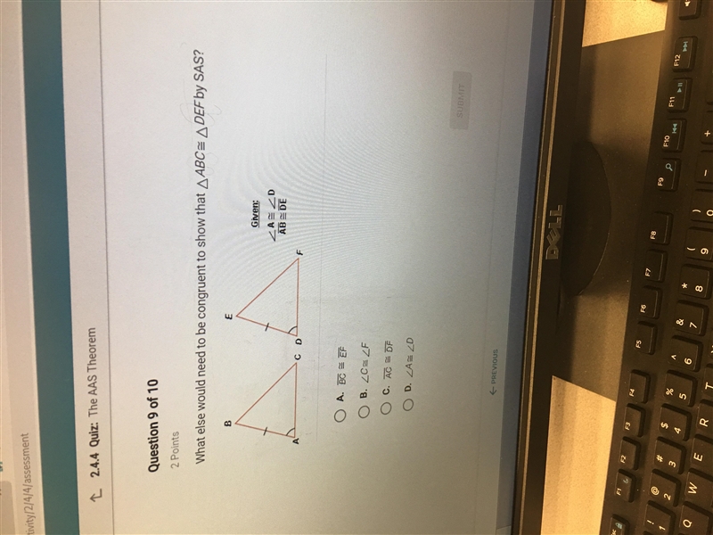 What else would need to be congruent to show that ABC=DEF by SAS-example-1