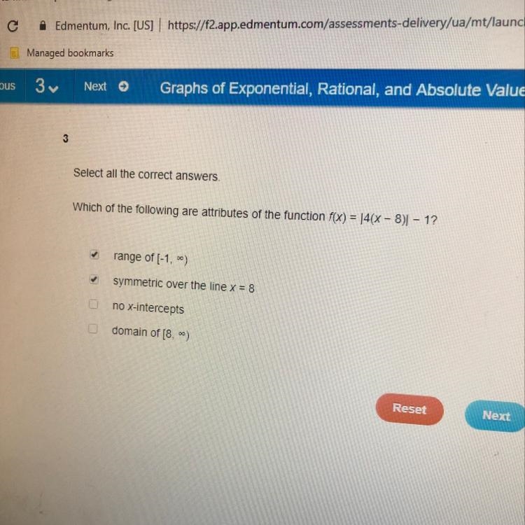 Which of the following are attributes of the function f(x)= |4(x-8)|-1 ?-example-1