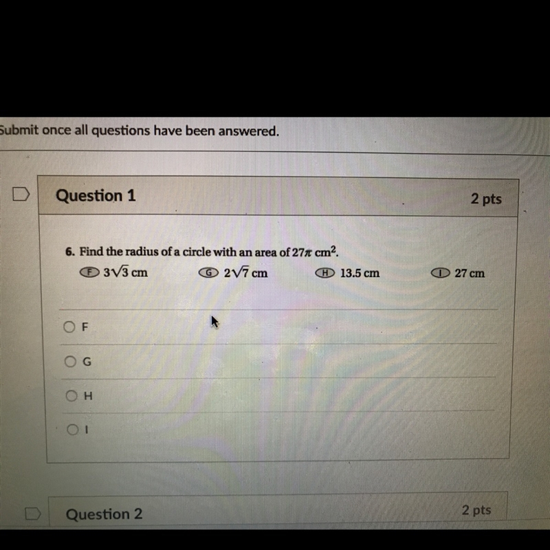 Find the radius of a circle with an area of 27 pie cm-example-1