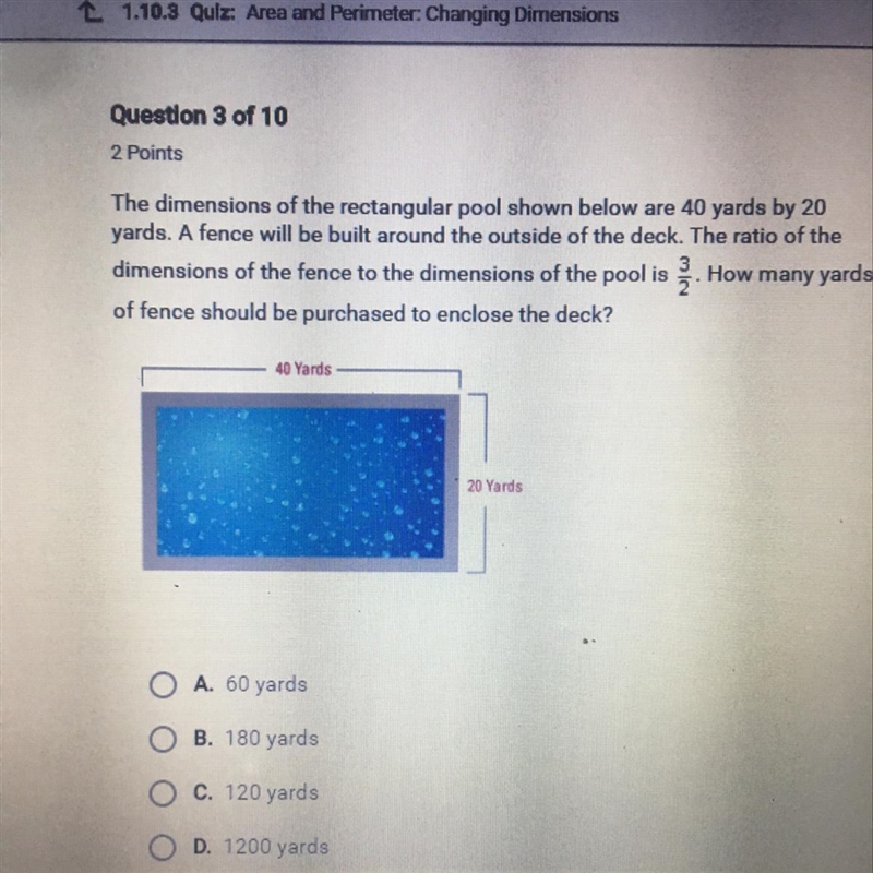 The dimensions of the rectangular pool shown below are 40 yards by 20 yards. A fence-example-1