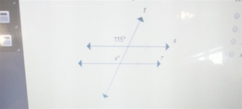 Two parallel lines are crossed by a transversal. What is the value of x ? x=45 x=65 x-example-1