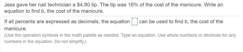 Jess gave her nail technician a ​$4.80 tip. The tip was 16​% of the cost of the manicure-example-1