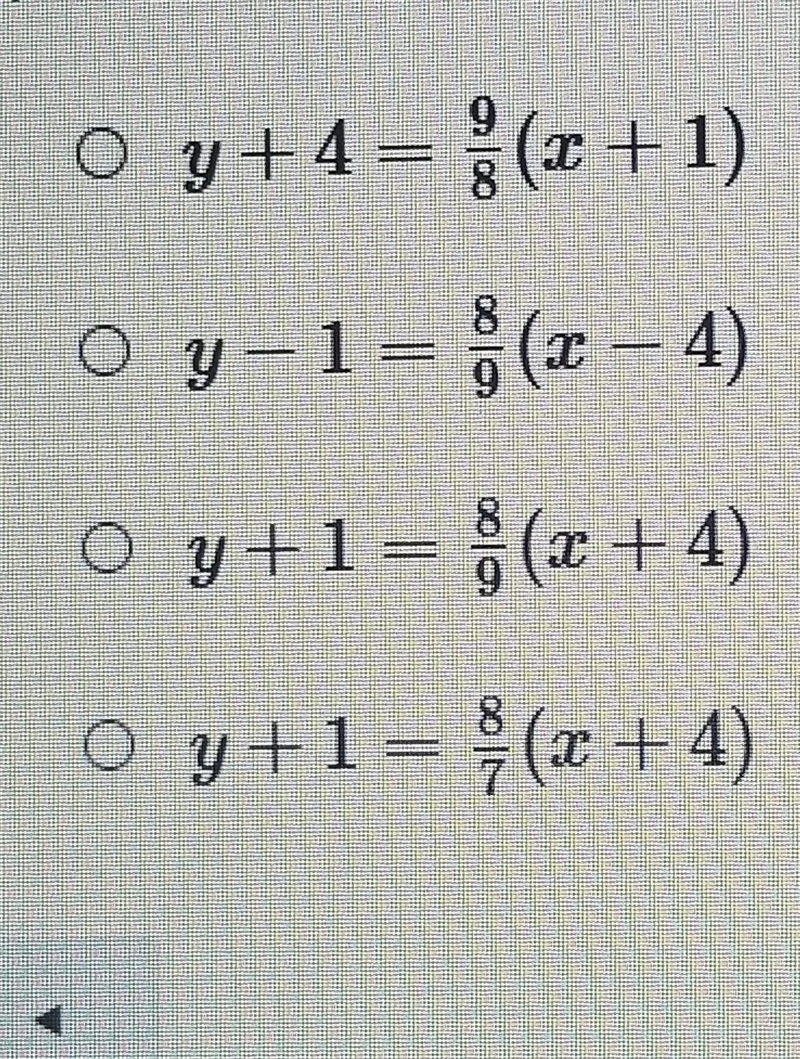 What is the equation on point slope form of a line that passes through the point -4, - 1 and-example-1