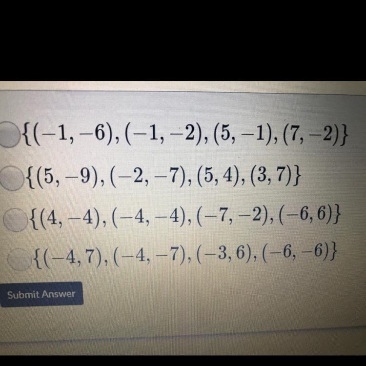 Quick please !!!! Which set of ordered pairs represent a function ?-example-1