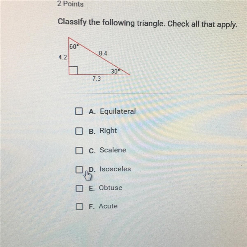 Classify the following triangle. Check all that apply.-example-1