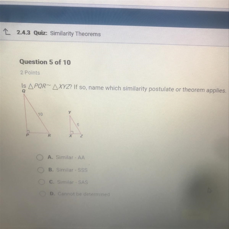 Is triangle prq equal to triangle Xyz ? If so, name which similarity postulatebor-example-1