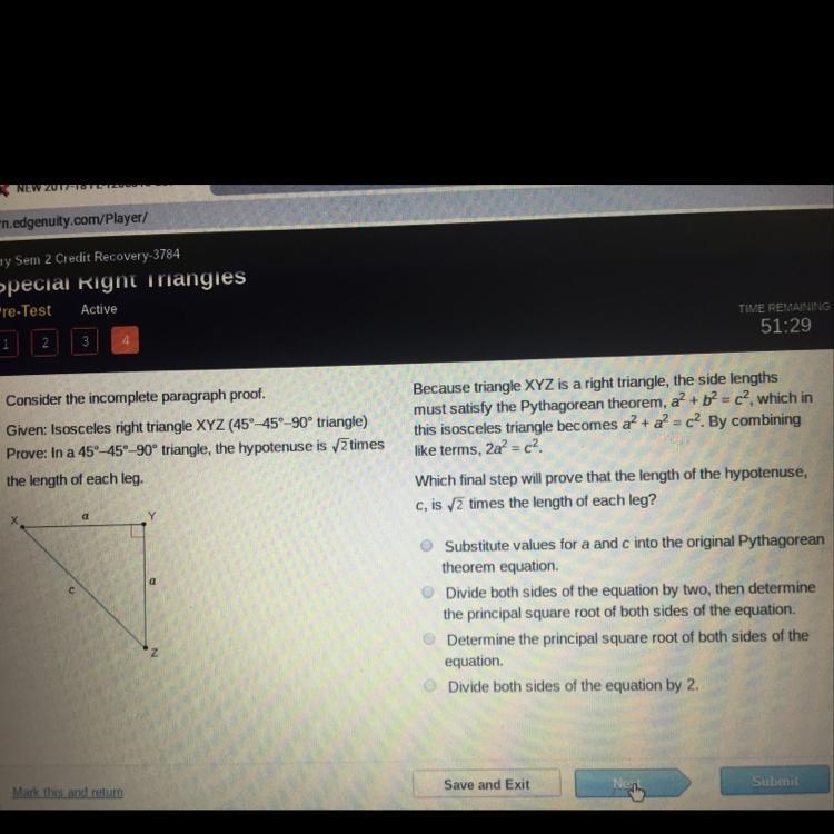 The final step that will prove the length of hypotenuse c, squared that of each leg-example-1