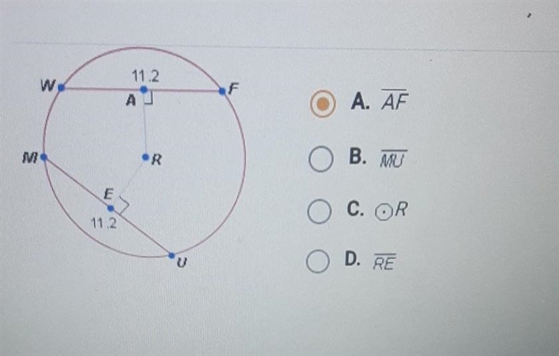 Fill in the blank. Given ○R below, you can conclude that RA is congruent to ____. (clicked-example-1