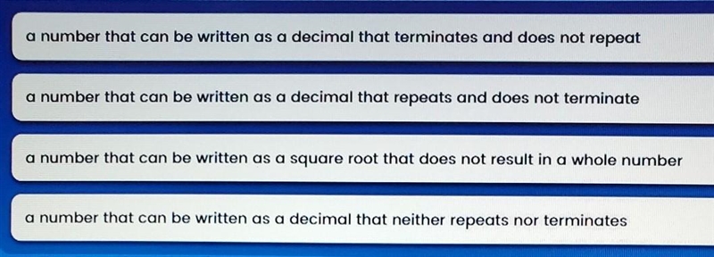 Which best explains what determines weather a number is irrational?​-example-1